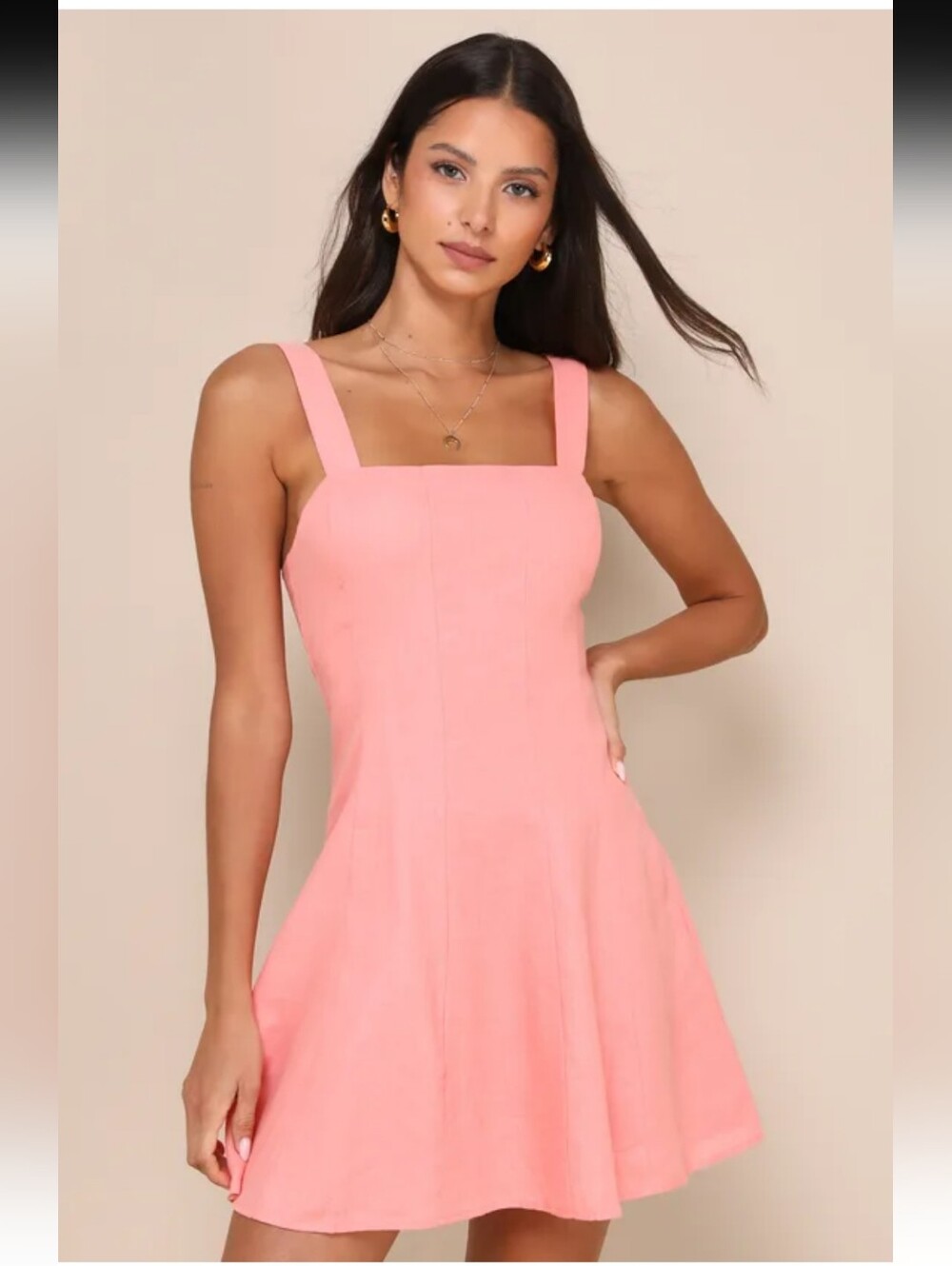 Lulu's Coral Square-Neck Linen Mini Sundress Size S New #3Gn